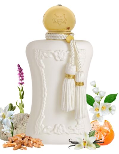 Elegant white perfume bottle with floral and almond accents.