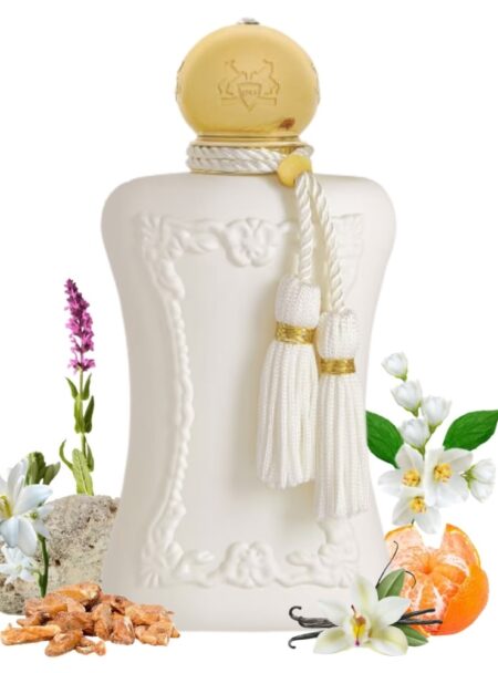 Elegant white perfume bottle with floral and almond accents.