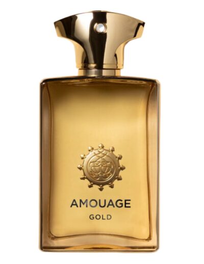 A gold-colored bottle of Amouage perfume with a sun emblem.