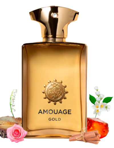 Elegant bottle of Amouage Gold perfume with floral and amber accents.