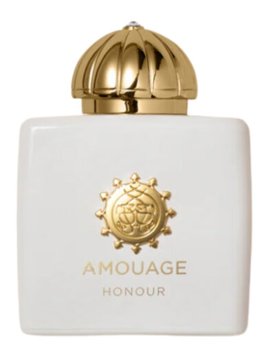 Elegant white and gold Amouage perfume bottle with ornate cap.