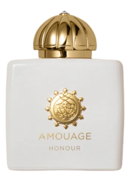 Elegant white and gold Amouage perfume bottle with ornate cap.