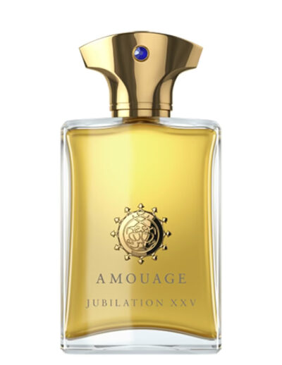 Elegant bottle of Amouage perfume with golden liquid inside.