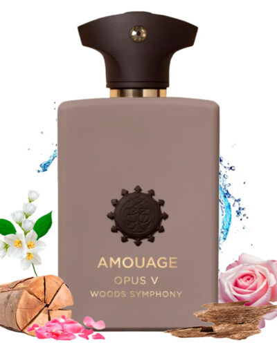 Elegant Amouage perfume bottle with floral and natural elements.