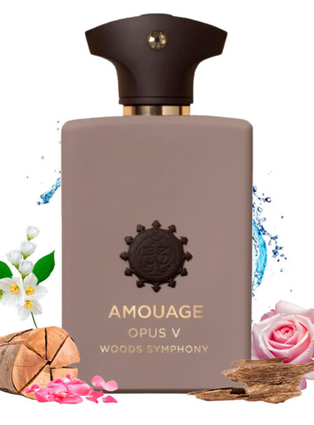 Elegant Amouage perfume bottle with floral and natural elements.