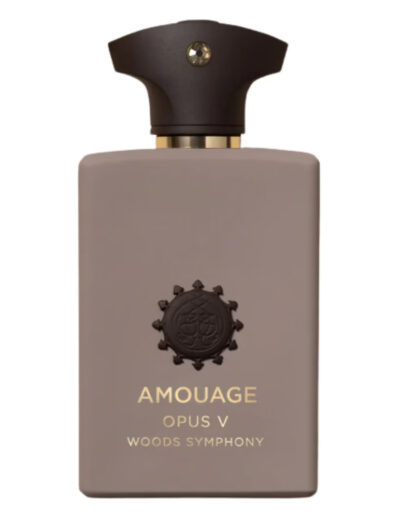 A sleek, taupe bottle of Amouage perfume with a black cap.