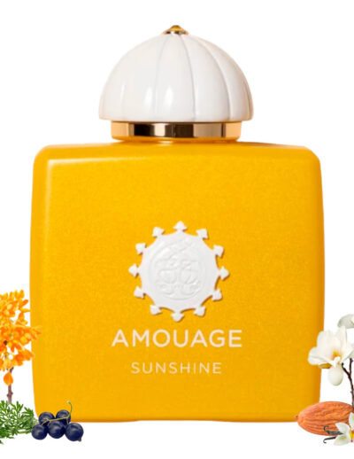 Bright yellow Amouage Sunshine perfume bottle with white cap and floral accents.
