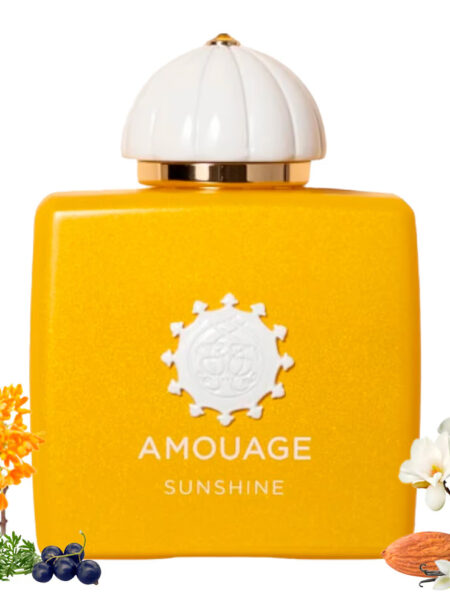 Bright yellow Amouage Sunshine perfume bottle with white cap and floral accents.