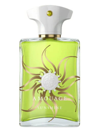 A green perfume bottle with a white sun design and gold accents.