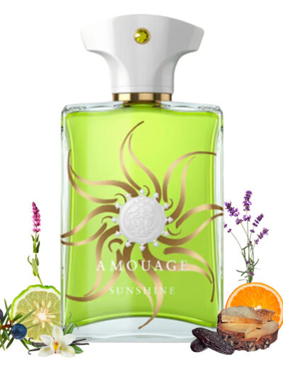 A vibrant green perfume bottle with floral and citrus accents.