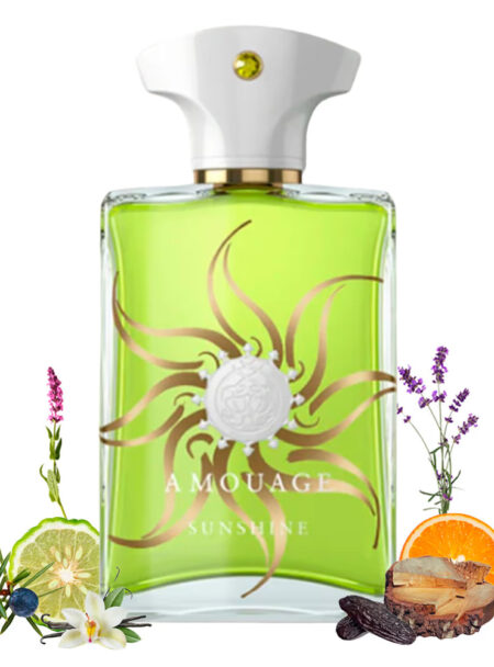A vibrant green perfume bottle with floral and citrus accents.