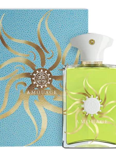 Luxury perfume bottle with sun-themed design and elegant blue packaging.
