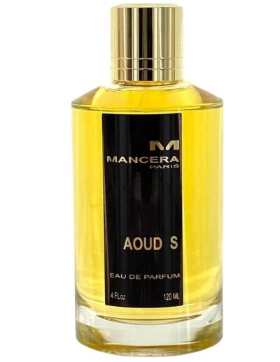 Bottle of Franck Boclet Aoud S perfume with gold and black design.