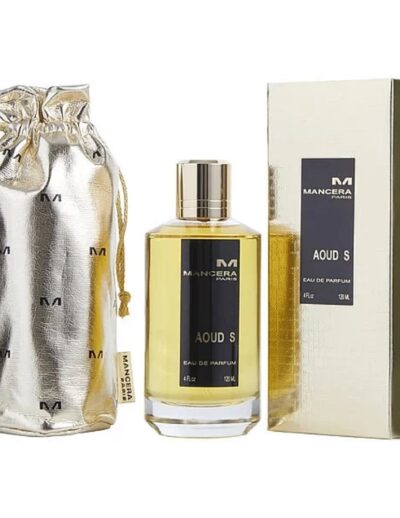 A luxurious perfume bottle with gold accents, accompanied by a matching pouch and box.