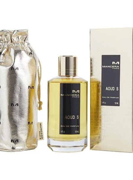 A luxurious perfume bottle with gold accents, accompanied by a matching pouch and box.