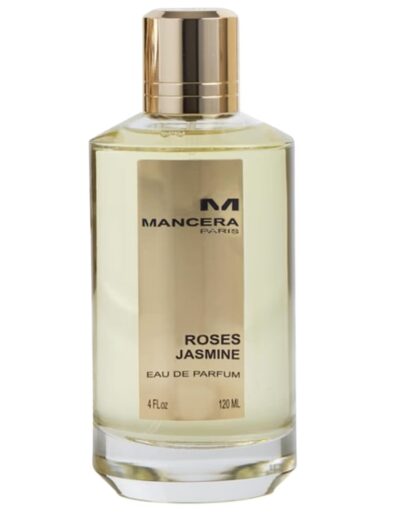 Elegant glass bottle of Mancera Roses Jasmin perfume with golden cap.