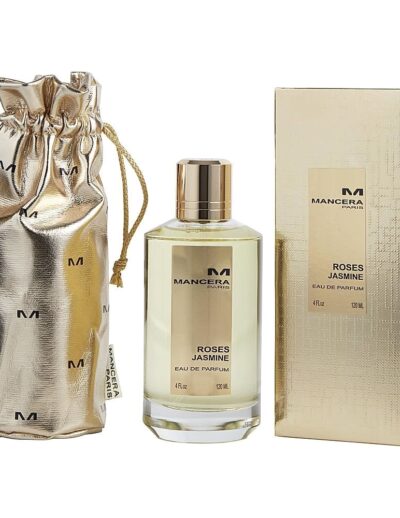 Luxury perfume bottle with gold pouch and box.