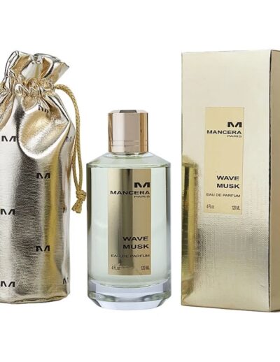 Luxury gold-themed perfume bottle with matching box and pouch.