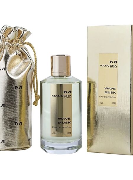 Luxury gold-themed perfume bottle with matching box and pouch.