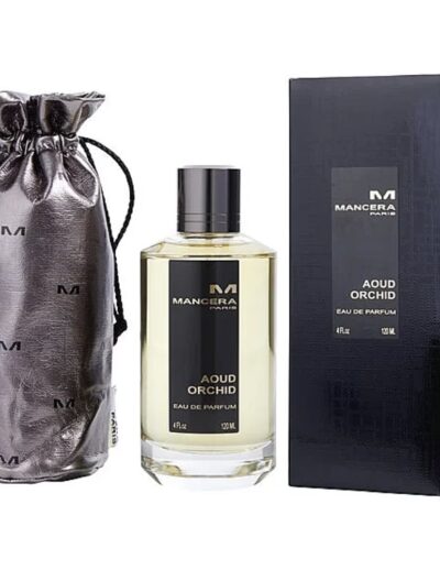 Elegant perfume bottle with black packaging and drawstring pouch.