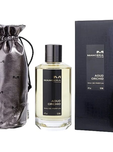 Elegant perfume bottle with black packaging and drawstring pouch.