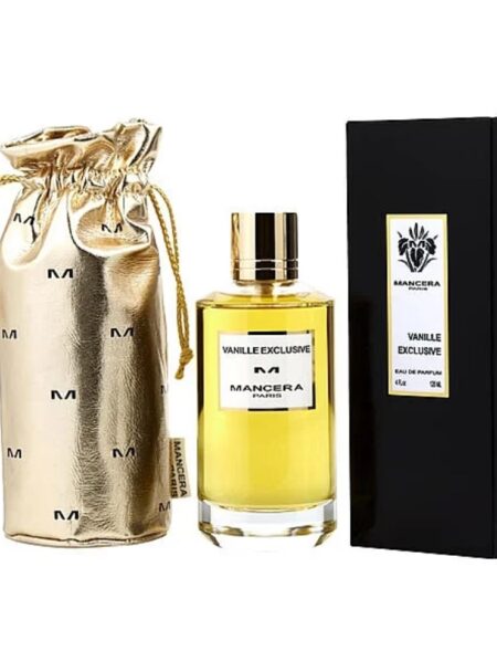 Elegant perfume bottle with luxurious gold pouch and sleek black box.