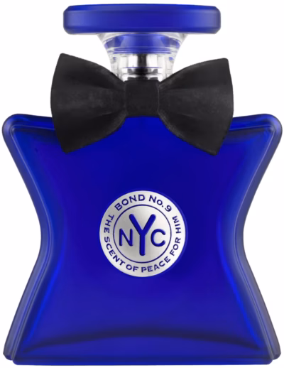 Blue Bond No. 9 perfume bottle with bow