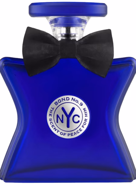 Blue Bond No. 9 perfume bottle with bow